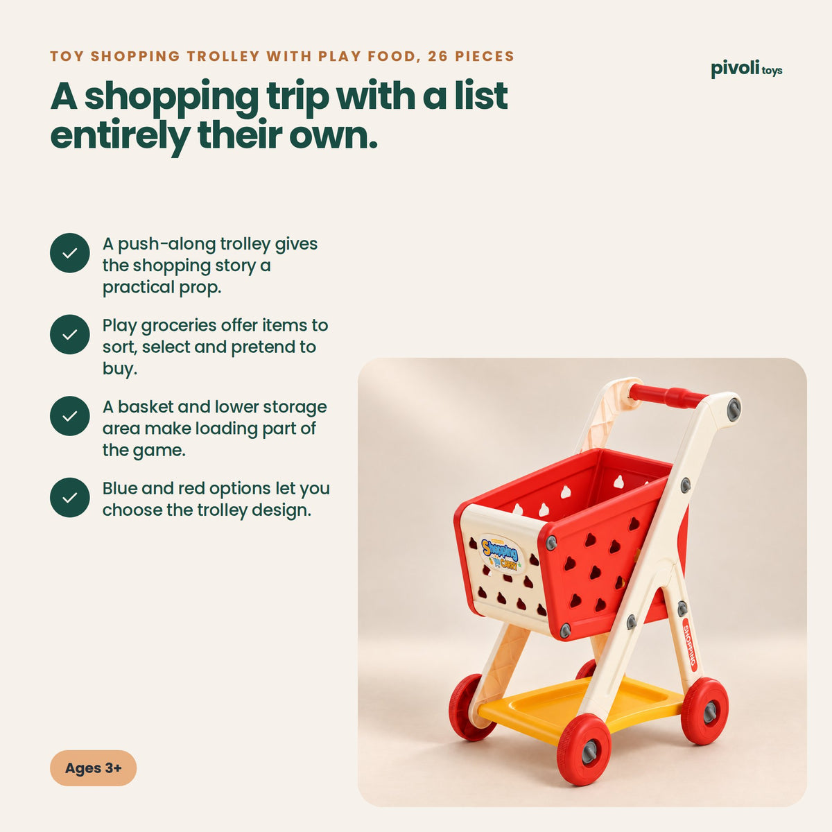 Toy Shopping Trolley with Play Food, 26 Pieces: key features and age guidance