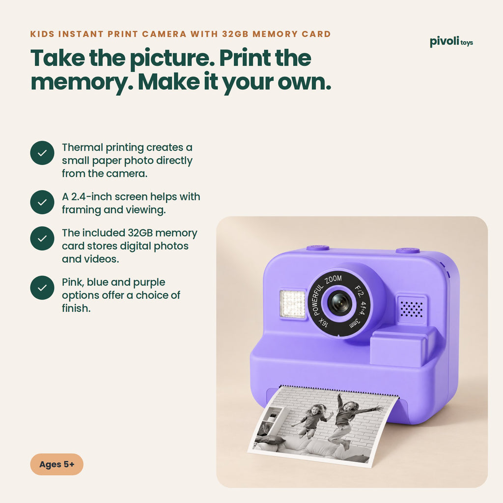 Kids Instant Print Camera with 32GB Memory Card: key features and age guidance