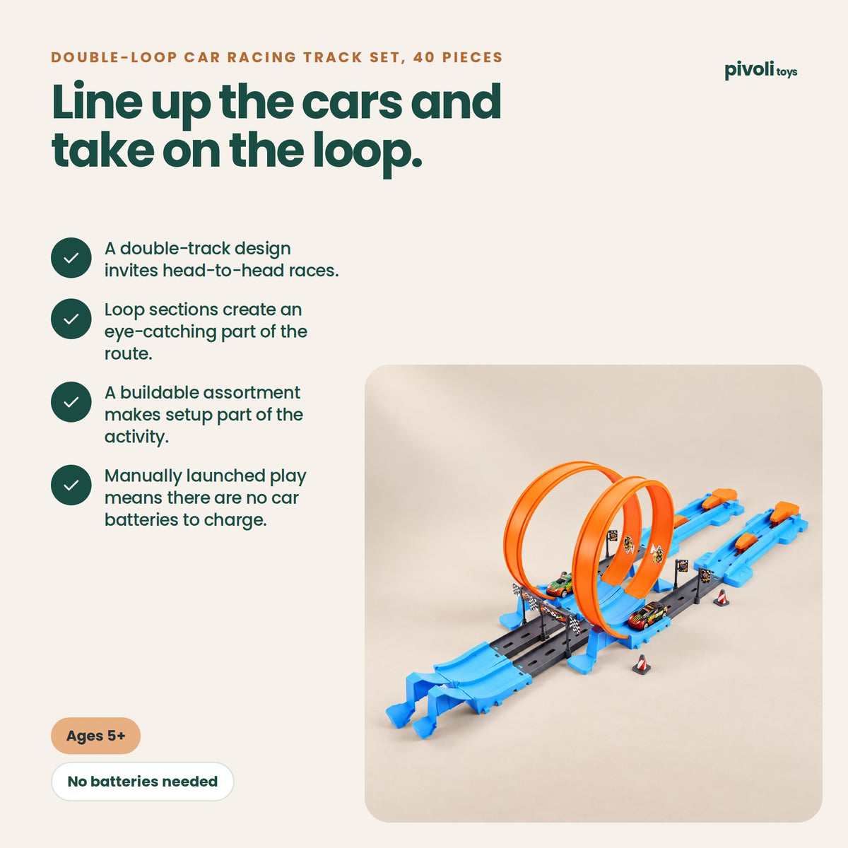 Double-Loop Car Racing Track Set, 40 Pieces: key features and age guidance