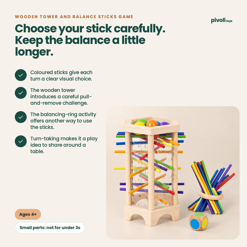 Wooden Tower and Balance Sticks Game: key features and age guidance