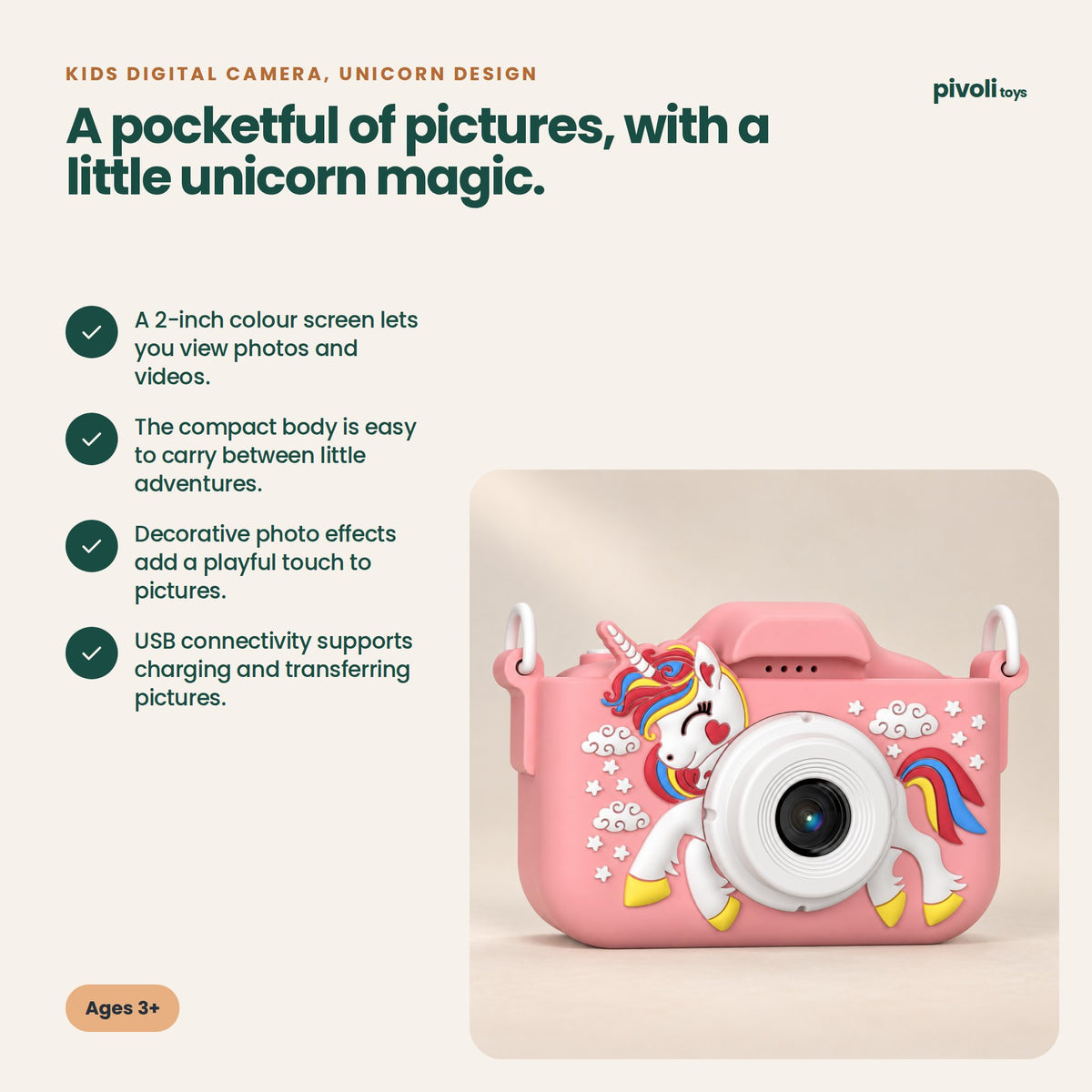 Kids Digital Camera, Unicorn Design: key features and age guidance
