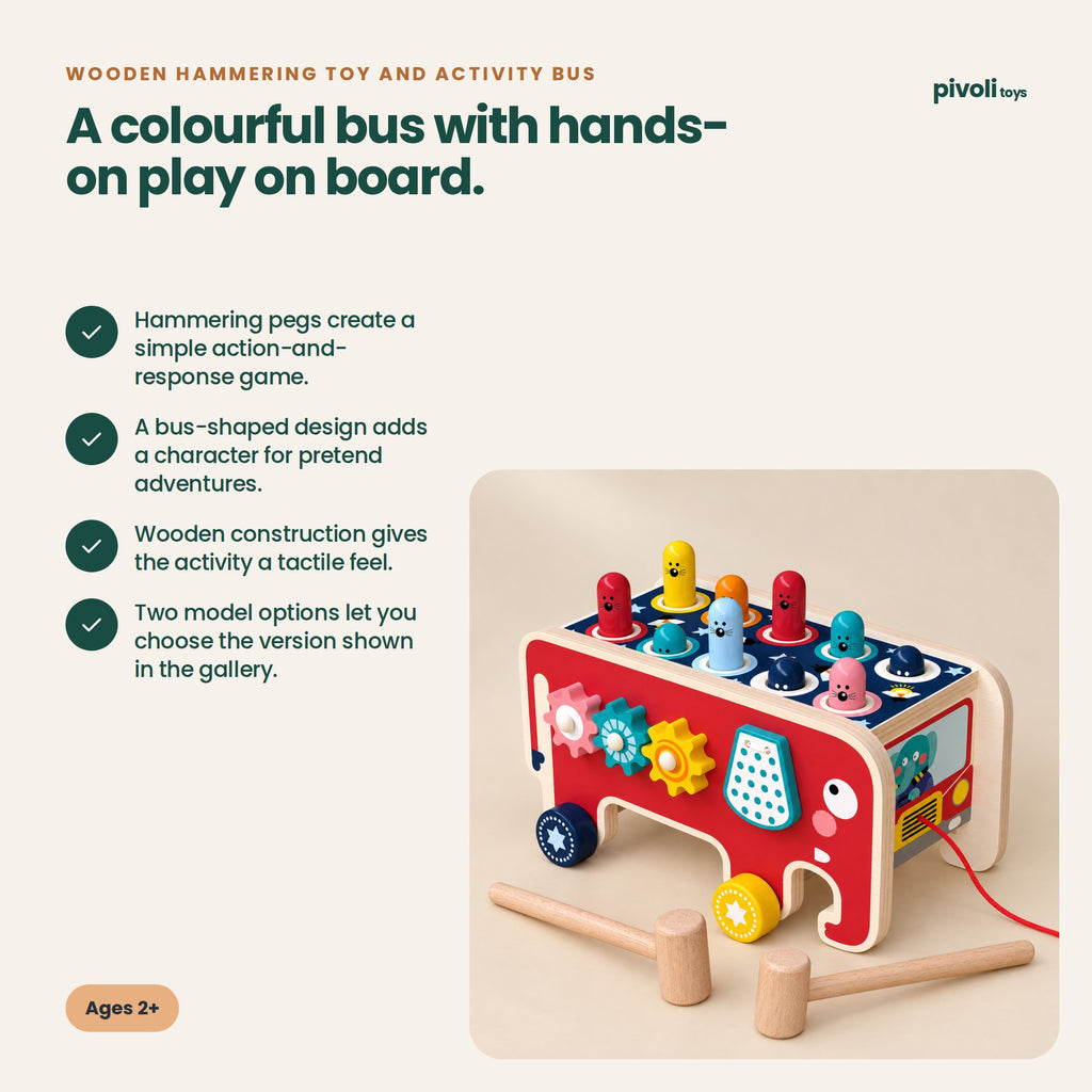 Wooden Hammering Toy and Activity Bus: key features and age guidance