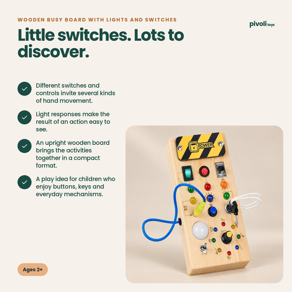 Wooden Busy Board with Lights and Switches: key features and age guidance