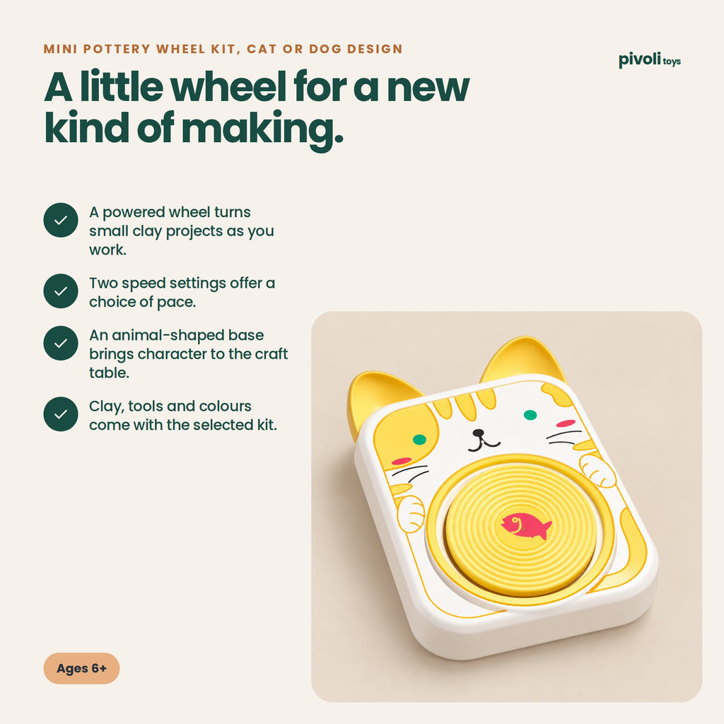 Mini Pottery Wheel Kit, Cat or Dog Design: key features and age guidance