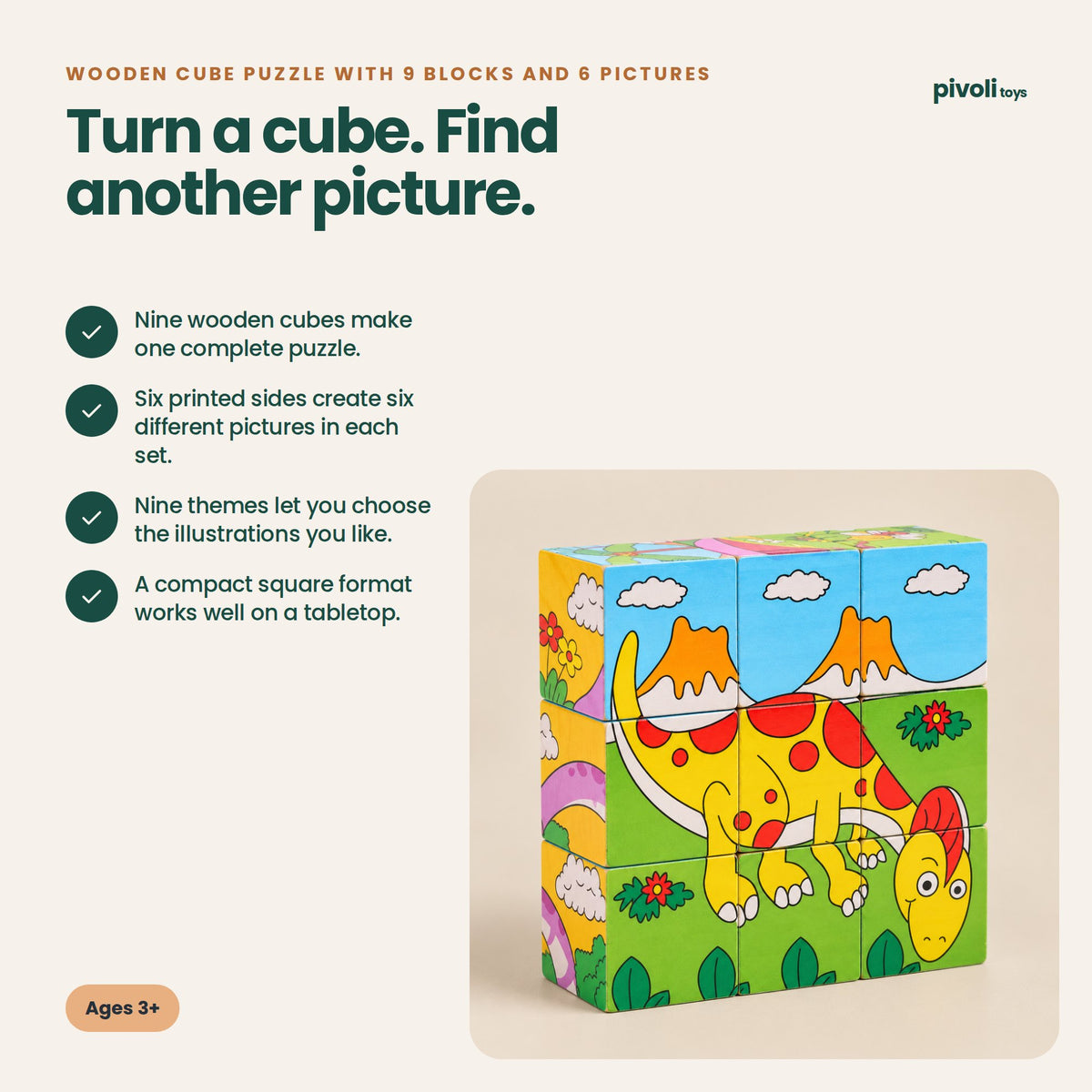 Wooden Cube Puzzle with 9 Blocks and 6 Pictures: key features and age guidance