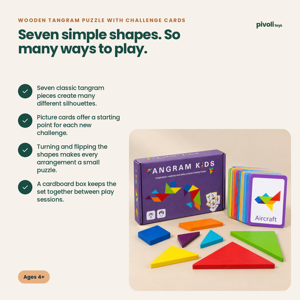 Wooden Tangram Puzzle with Challenge Cards: key features and age guidance