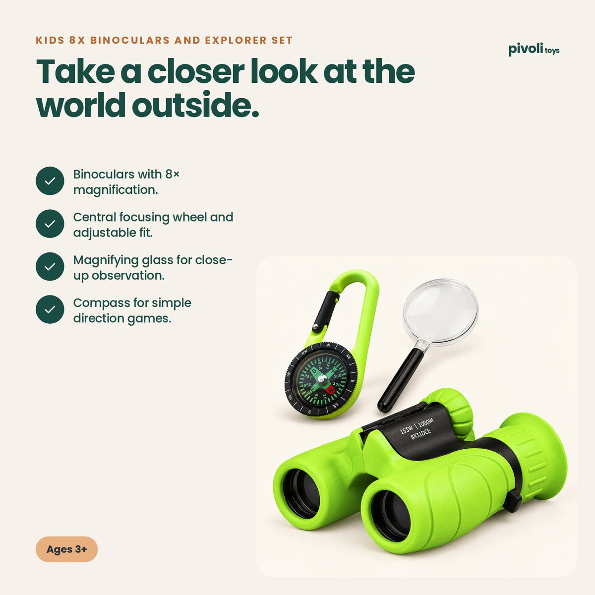 Kids 8x Binoculars and Explorer Set: key features and age guidance