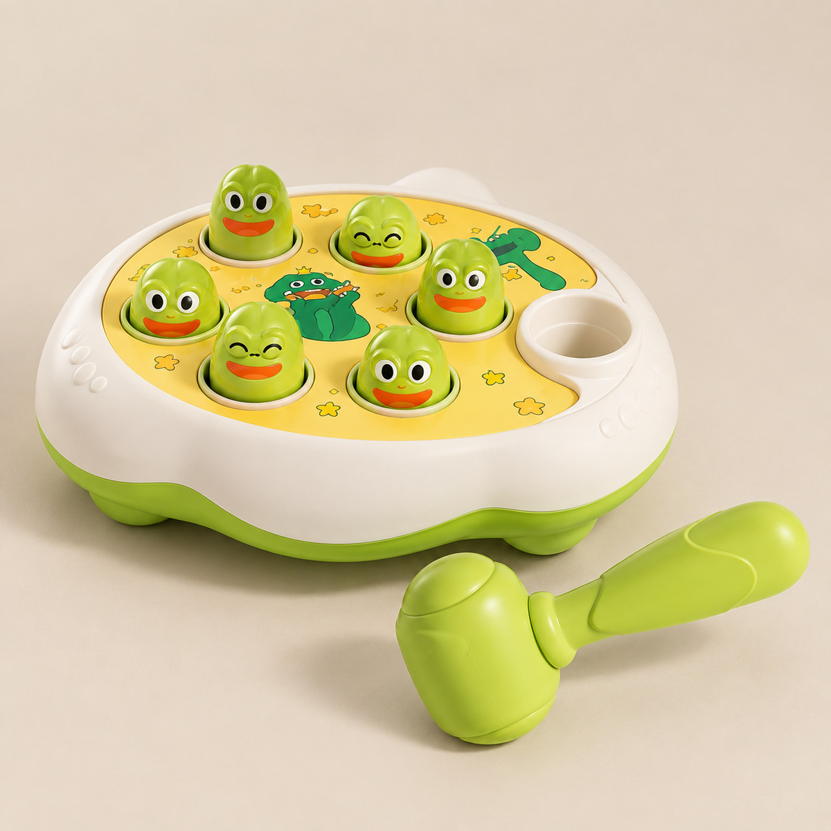 Whack-a-Mole Hammering Game – Duck or Frog on a warm beige studio background