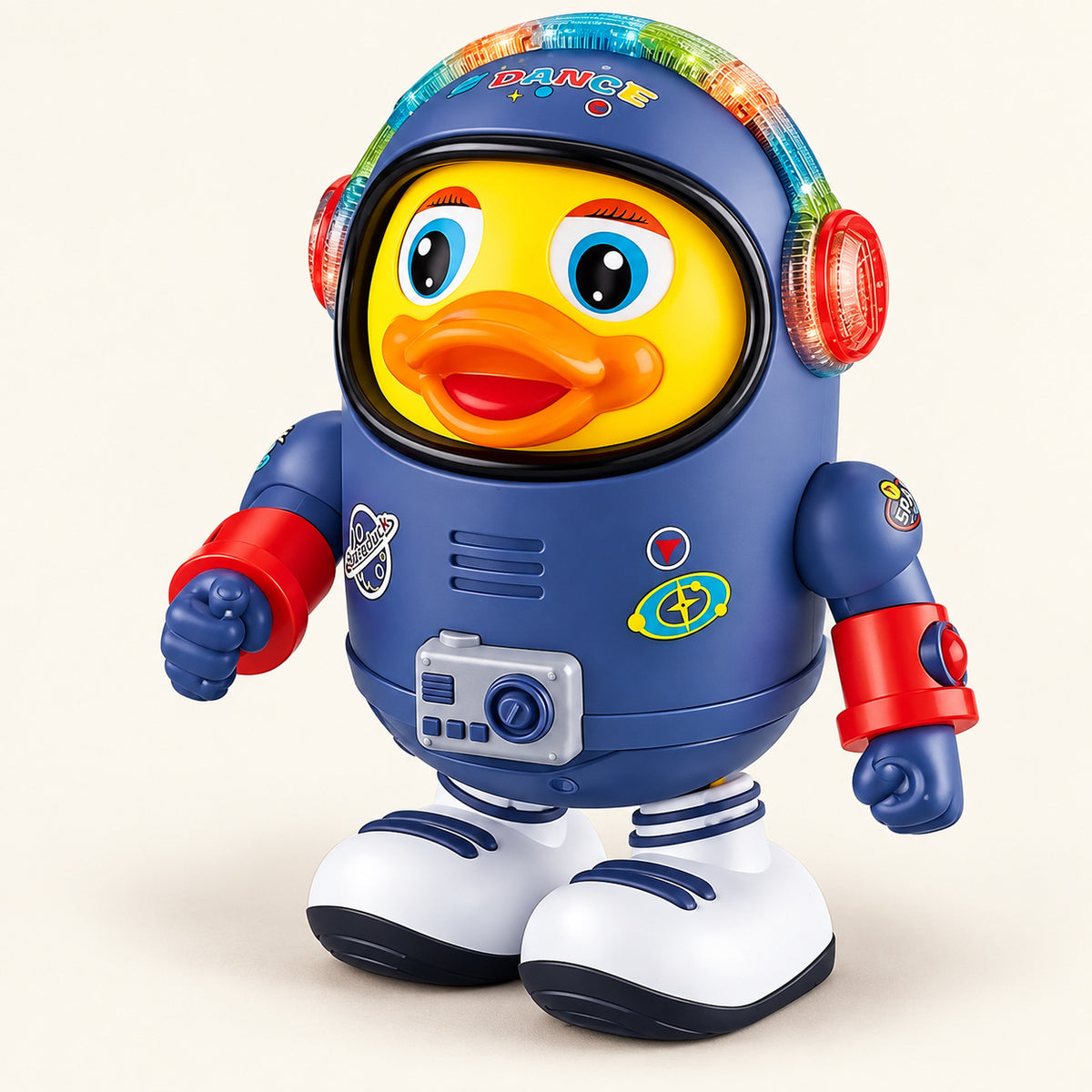 Dancing Astronaut Duck with Lights & Music — studio product photograph on a warm ivory background