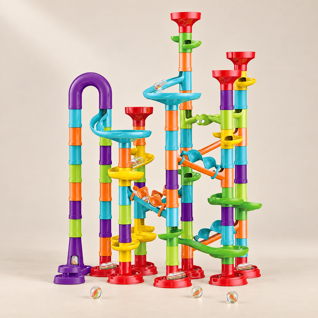 142-Piece Marble Run Building Set — Pivoli Toys beige studio photograph
