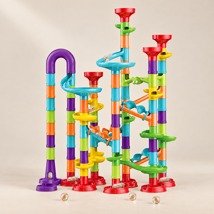 142-Piece Marble Run Building Set — Pivoli Toys beige studio photograph