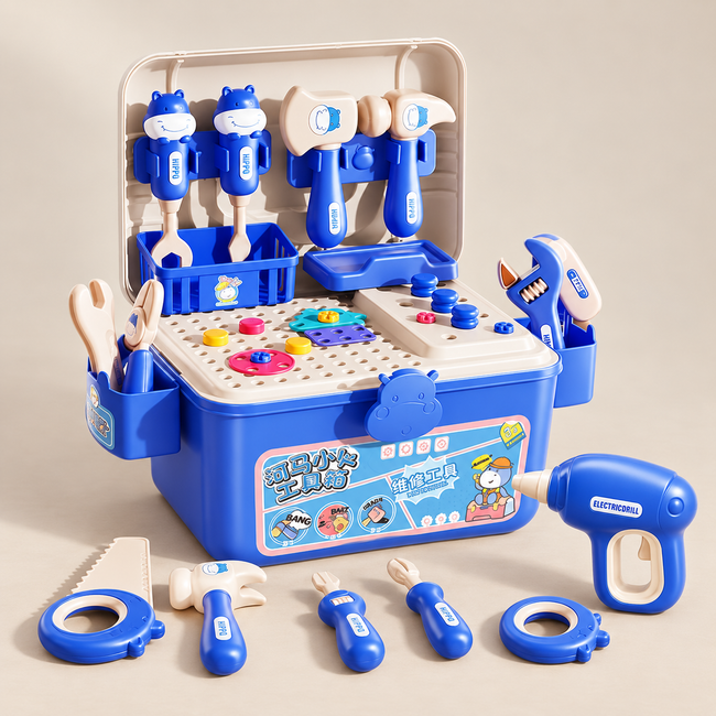 152-Piece Tool Bench & Building Case — Pivoli Toys beige studio photograph