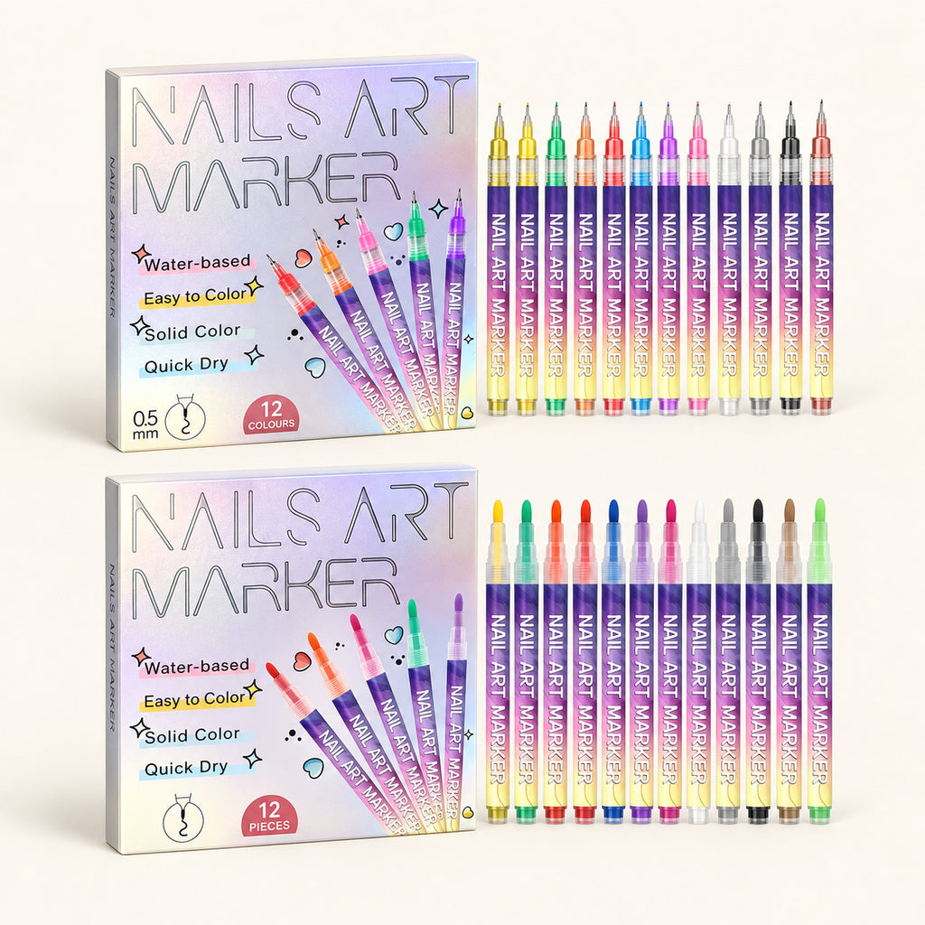 Nail Art Pens — Fine & Rounded Tip Duo — studio product photograph on a warm ivory background