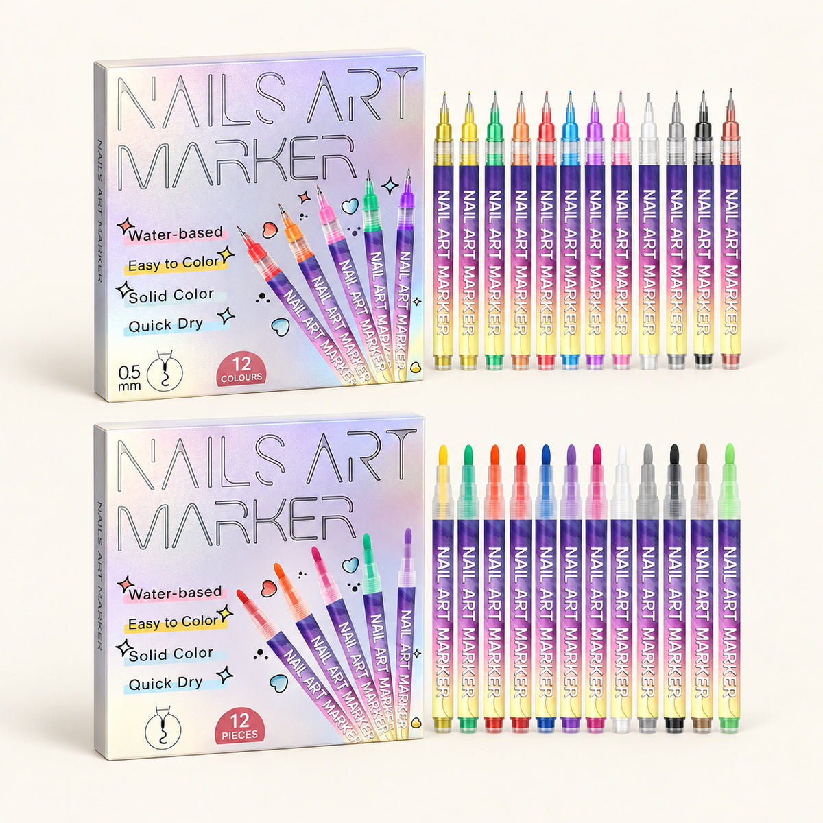 Nail Art Pens — Fine & Rounded Tip Duo — studio product photograph on a warm ivory background