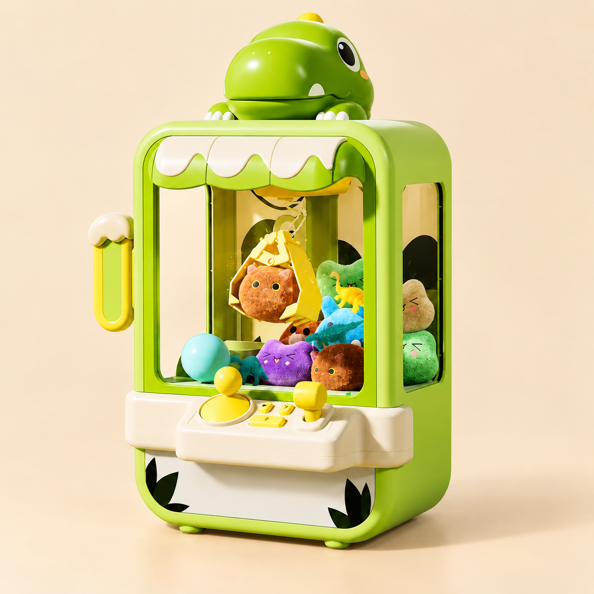 Green dinosaur mini claw machine with plush prizes