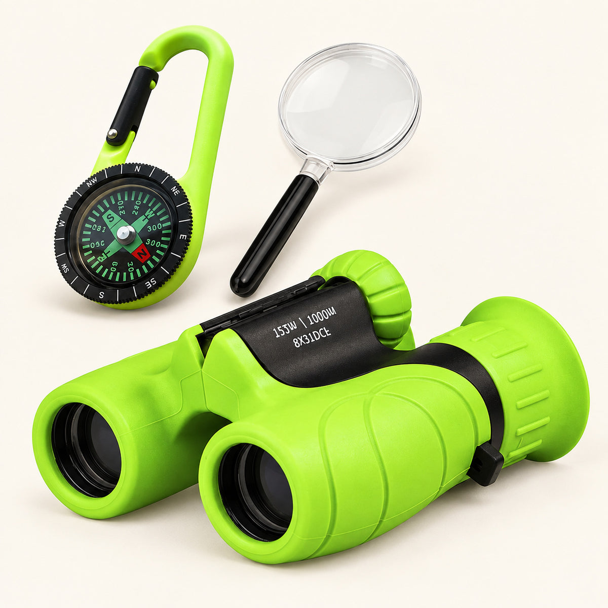 Kids' 8× Binoculars & Explorer Set — studio product photograph on a warm ivory background
