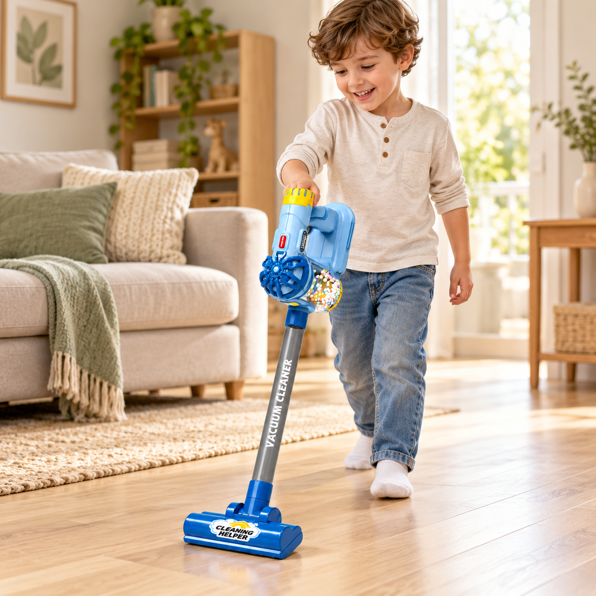 Child using the 3-in-1 toy vacuum cleaner and cleaning set in a home play setting