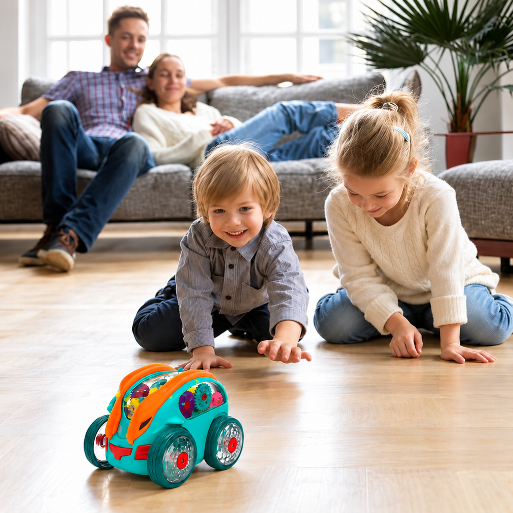 Children playing with the transparent light-up stunt car