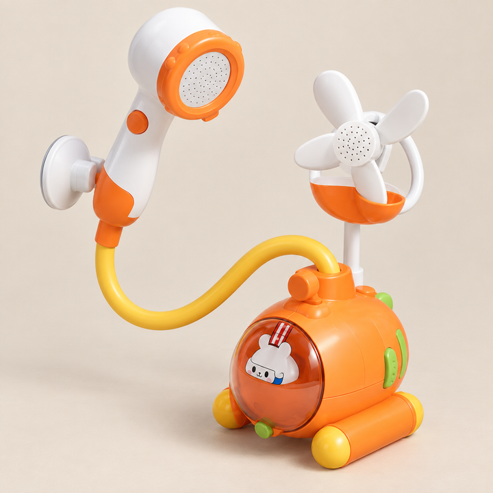 Carrot Bath Shower Toy – Electric Water Play on a warm beige studio background