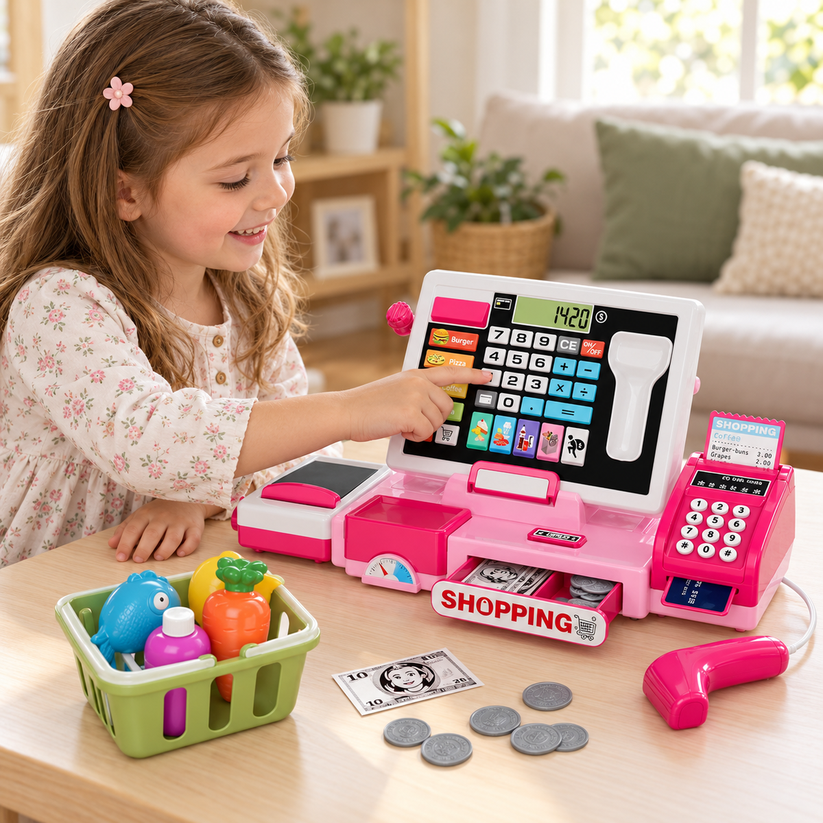Child using the pink toy cash register calculator, with scanner and pretend shopping accessories