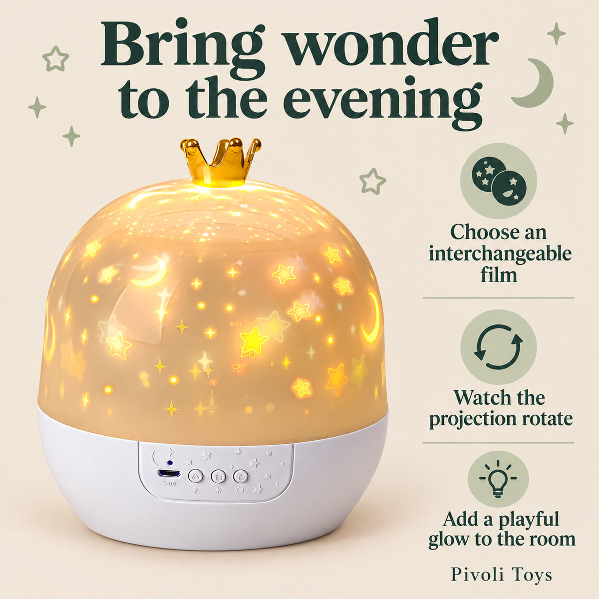 Crown Star Projector Night Light benefits: Choose an interchangeable film; Watch the projection rotate; Add a playful glow to the room