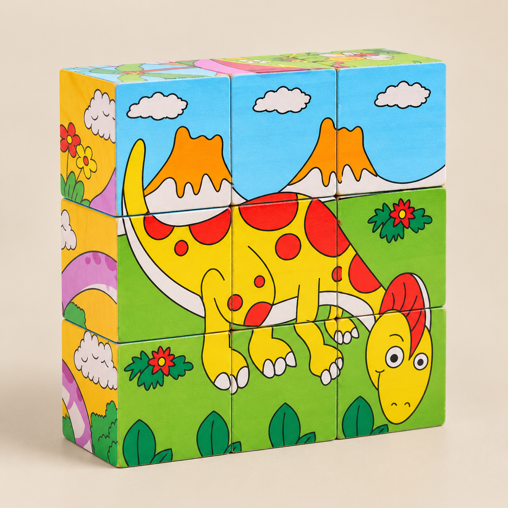 Wooden Cube Puzzle – 6 Pictures & 9 Themes on a warm beige studio background