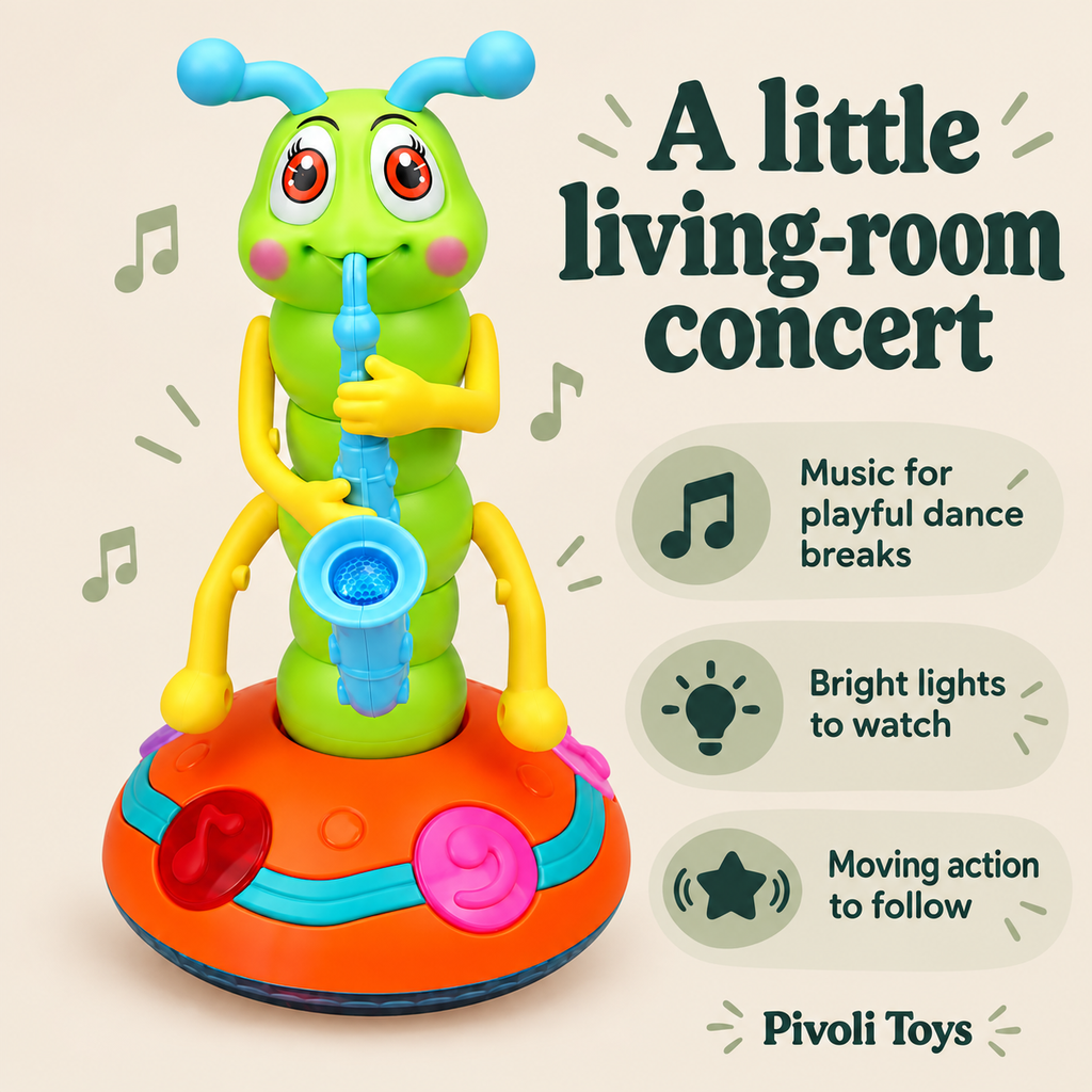 Dancing Saxophone Caterpillar Toy benefits: Music for playful dance breaks; Bright lights to watch; Moving action to follow