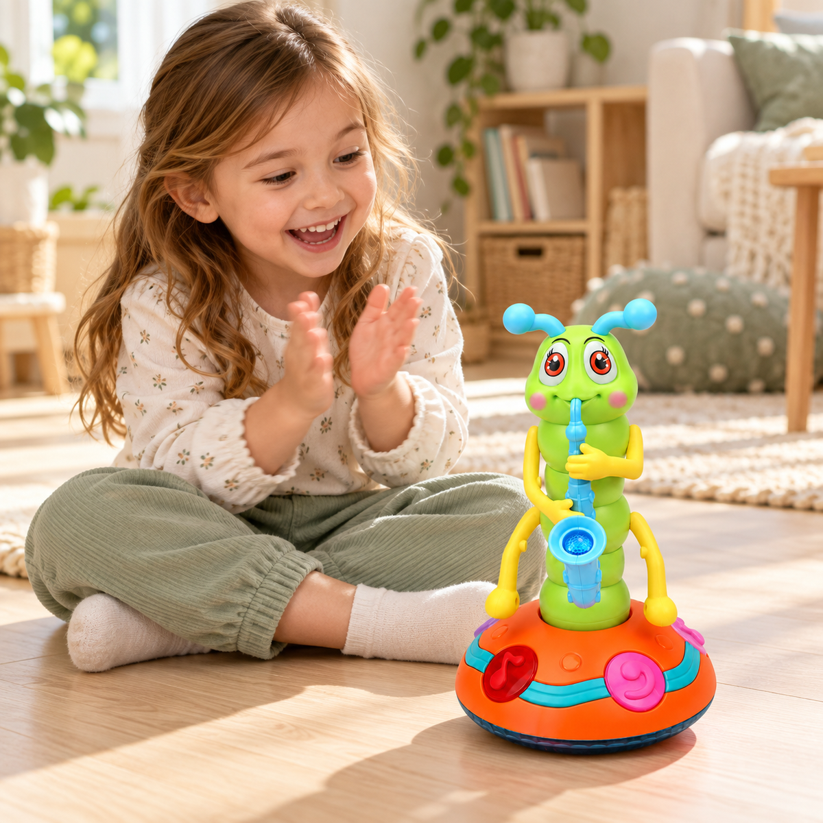 Child using the dancing saxophone caterpillar toy in a home play setting