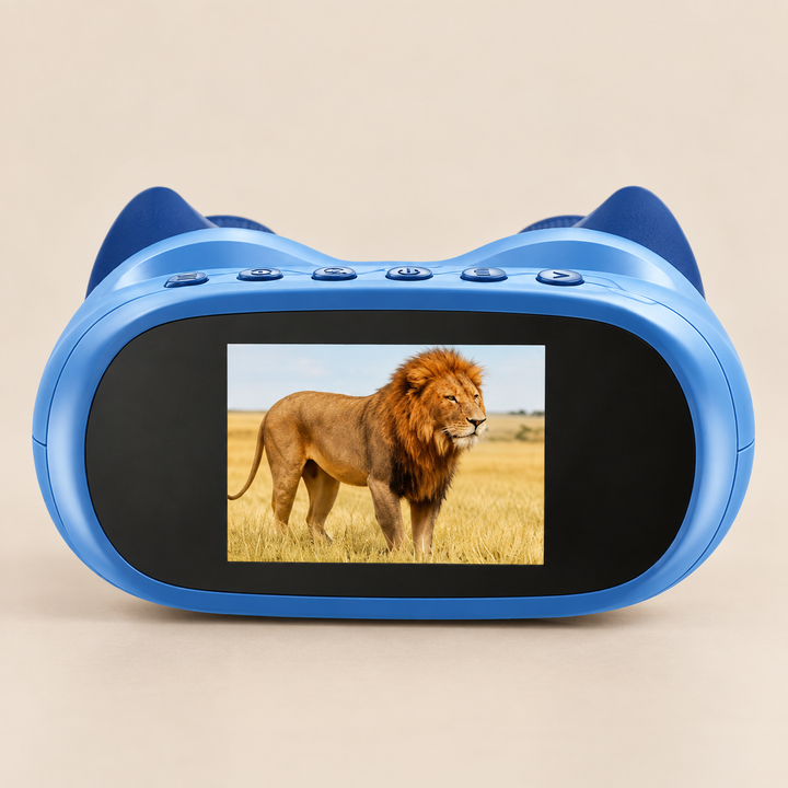 2-in-1 Digital Microscope & Telescope — blue device with its built-in screen clearly visible on a beige background