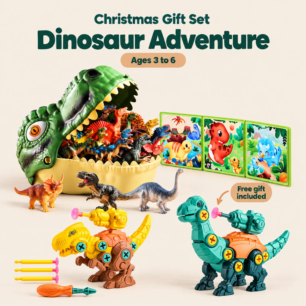Dinosaur Adventure Christmas Gift Set with included free gift, age guidance and gift label