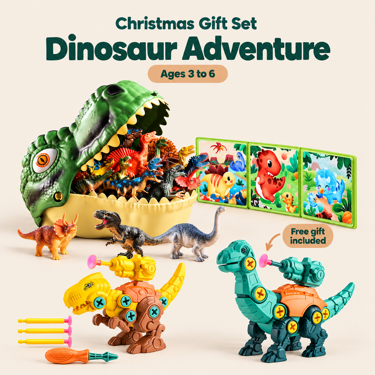 Dinosaur Adventure Christmas Gift Set with included free gift, age guidance and gift label