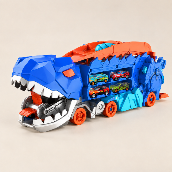 Dinosaur Truck & Car Transporter with Race Track on a warm beige studio background