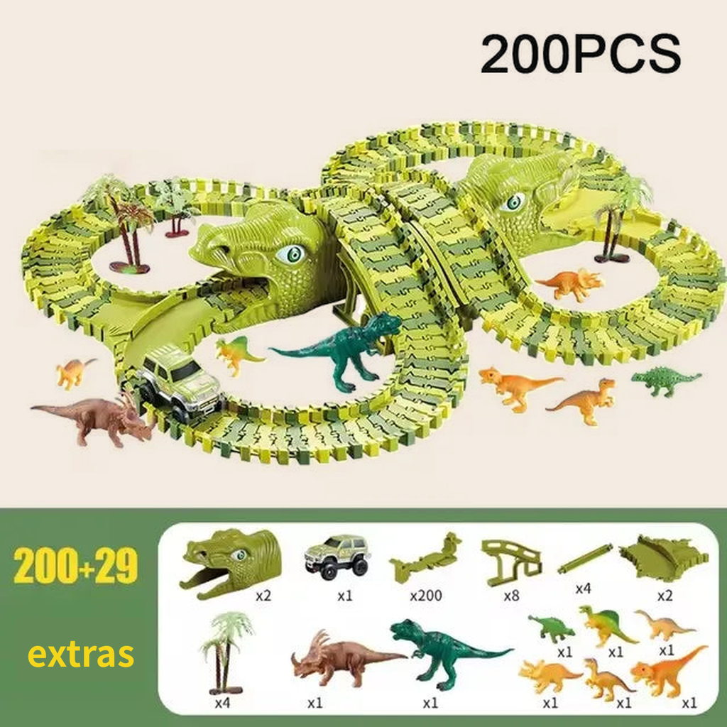 Dinosaur Flexible Race Track Set, 200 pieces: example layout and full list of included parts
