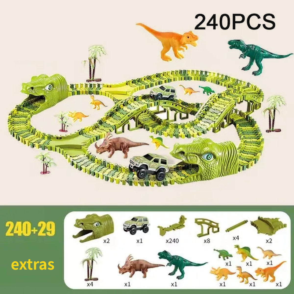 Dinosaur Flexible Race Track Set, 240 pieces: example layout and full list of included parts