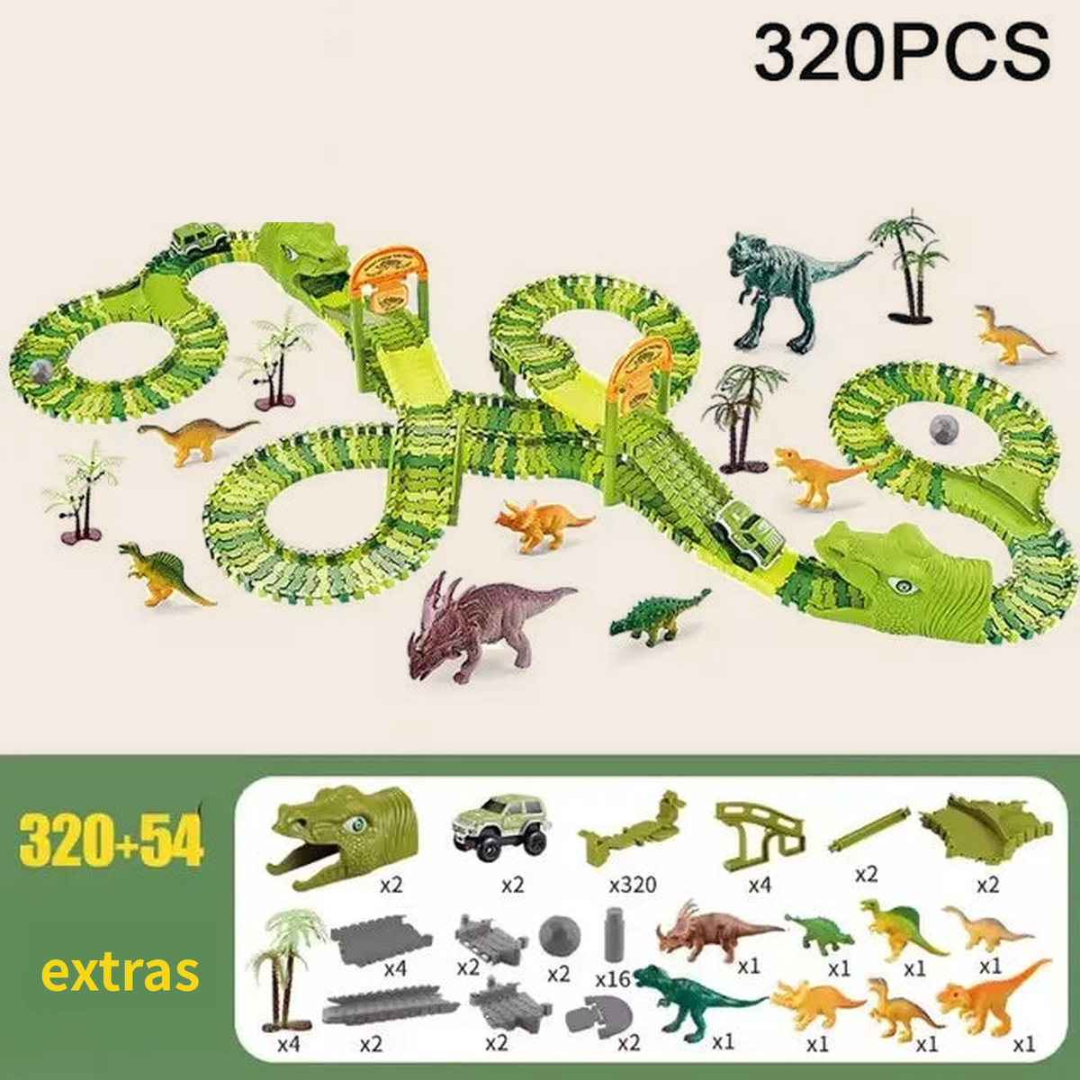 Dinosaur Flexible Race Track Set, 320 pieces: example layout and full list of included parts