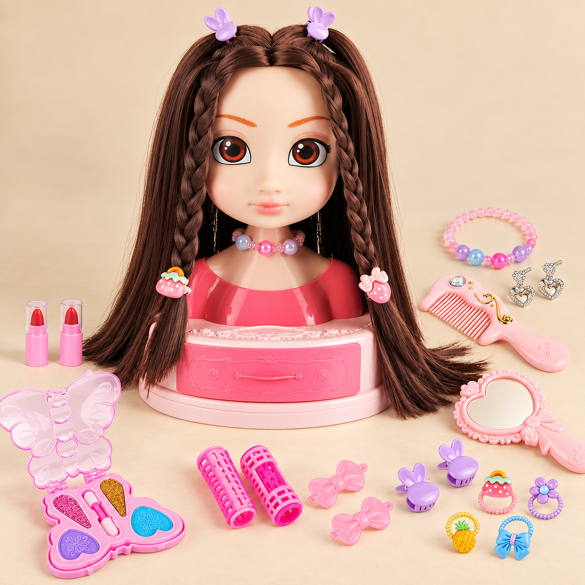 Doll styling head and included pretend salon accessories
