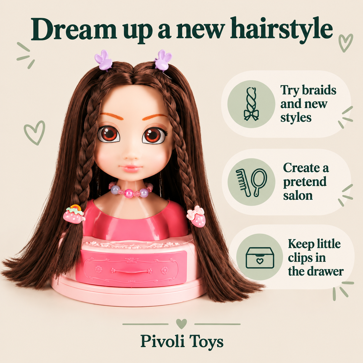 Doll Styling Head with Hair Accessories benefits: Try braids and new styles; Create a pretend salon; Keep little clips in the drawer