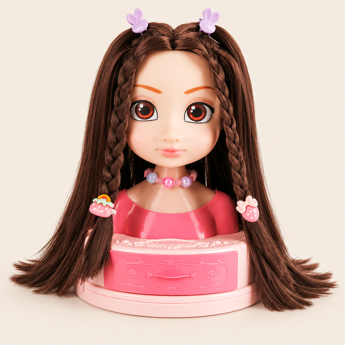 Brown-haired doll styling head on a pink base with hair clips
