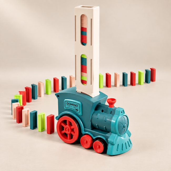 Domino-Laying Train — Pivoli Toys beige studio photograph