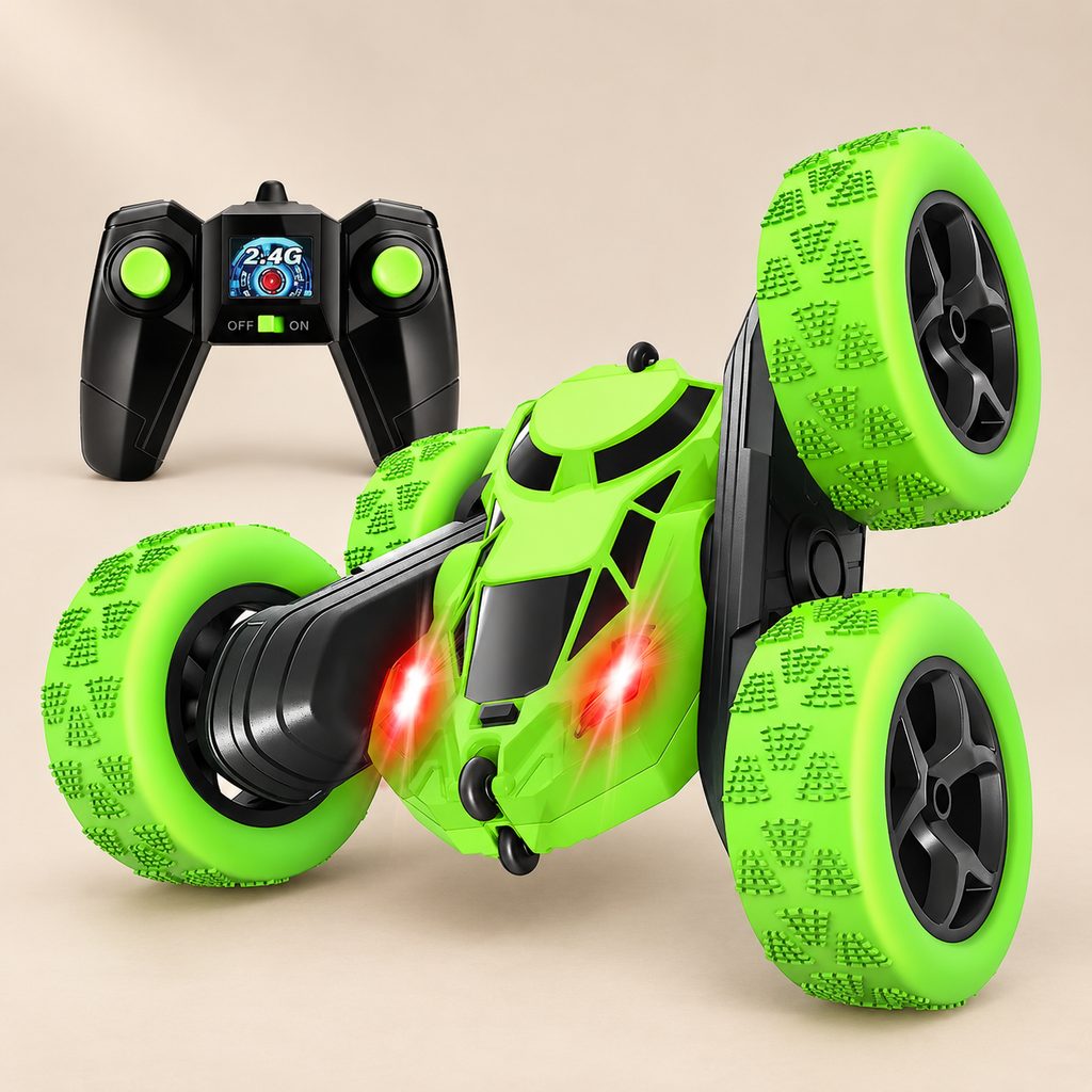 Double-Sided Remote-Control Stunt Car — Pivoli Toys beige studio photograph