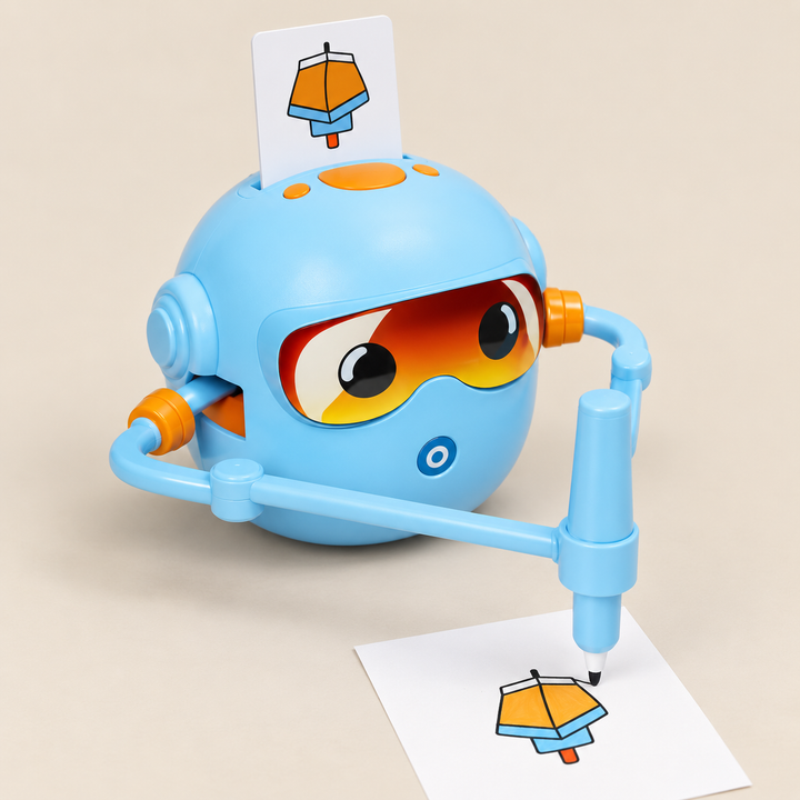 Drawing Robot for Kids with 100 Activity Cards on a warm beige studio background