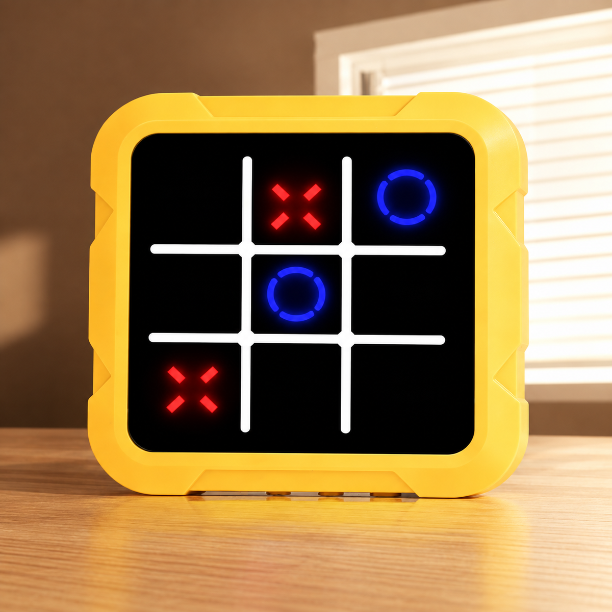 Front view of the yellow electronic tic tac toe game with illuminated red crosses and blue noughts