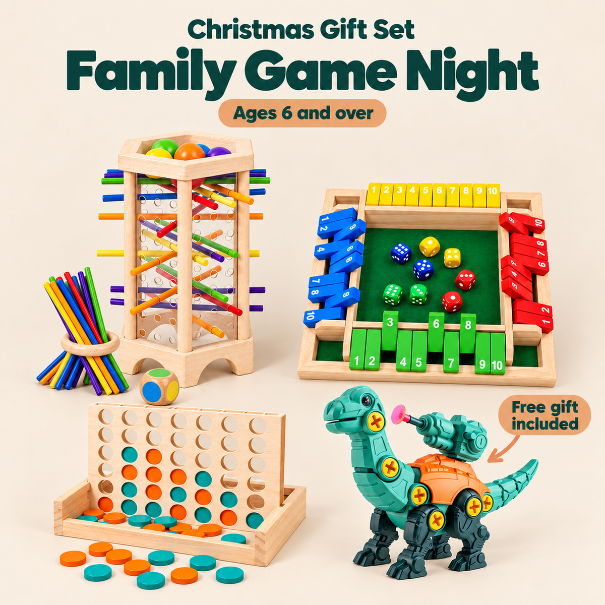 Family Game Night Christmas Gift Set with included free gift, age guidance and gift label