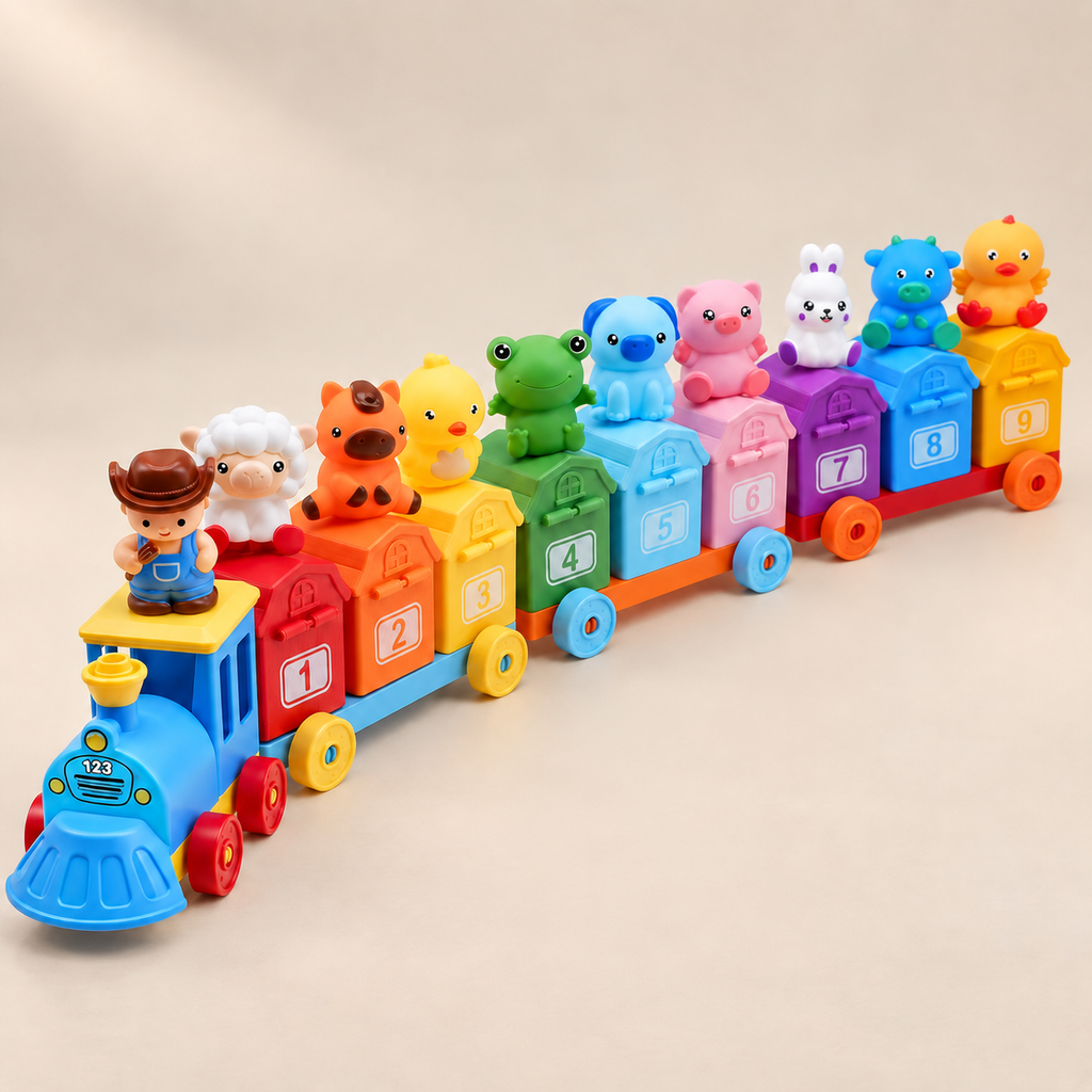 Farm Train Sorting & Locking Set — Pivoli Toys beige studio photograph