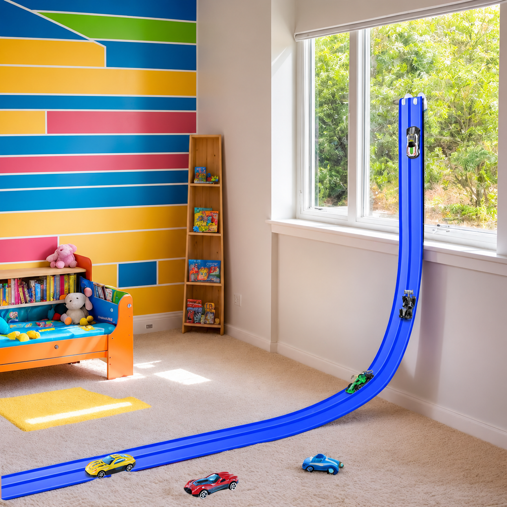 Flexible blue double race track arranged from a window to the floor