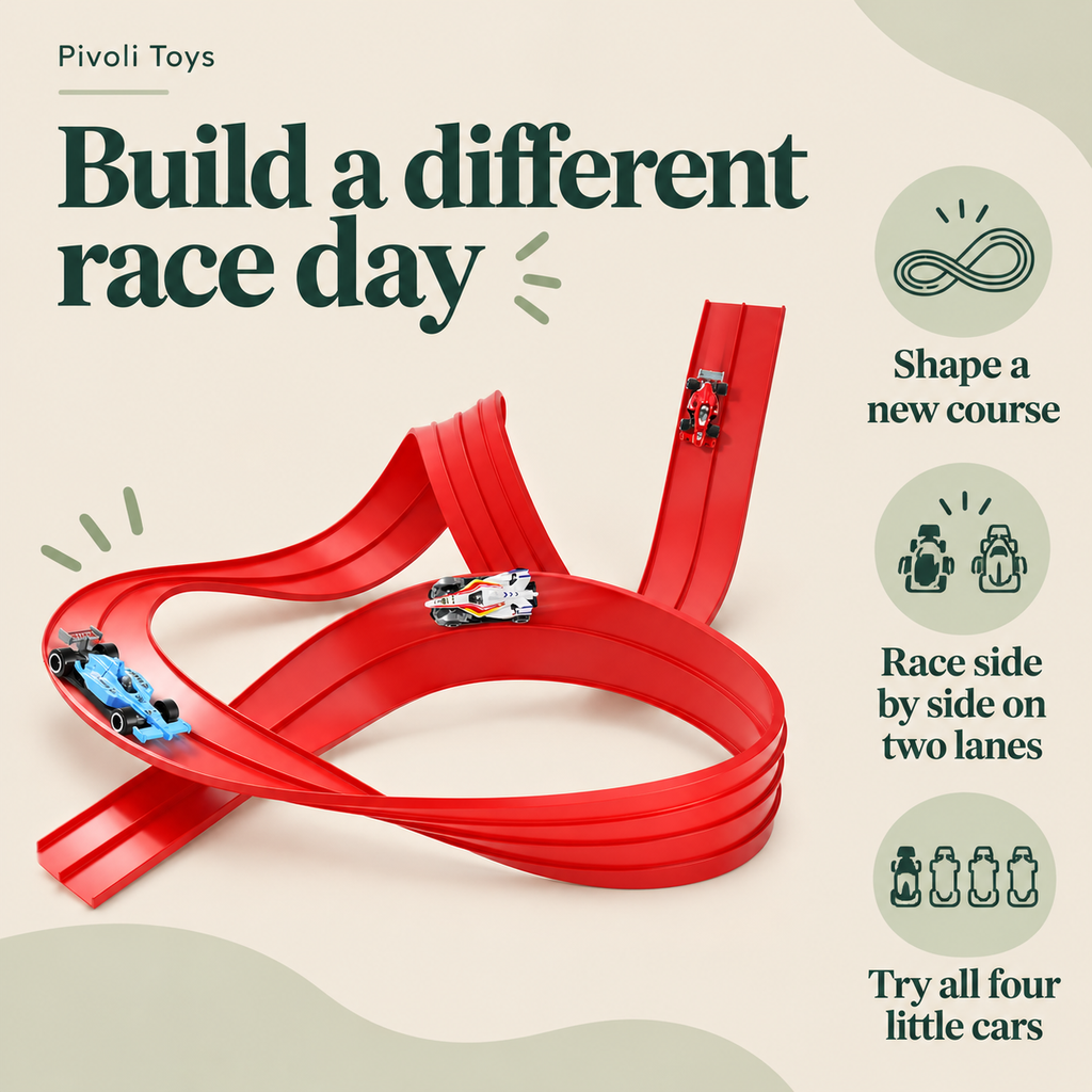 Flexible Double Race Track with 4 Cars - 5m benefits: Shape a new course; Race side by side on two lanes; Try all four little cars