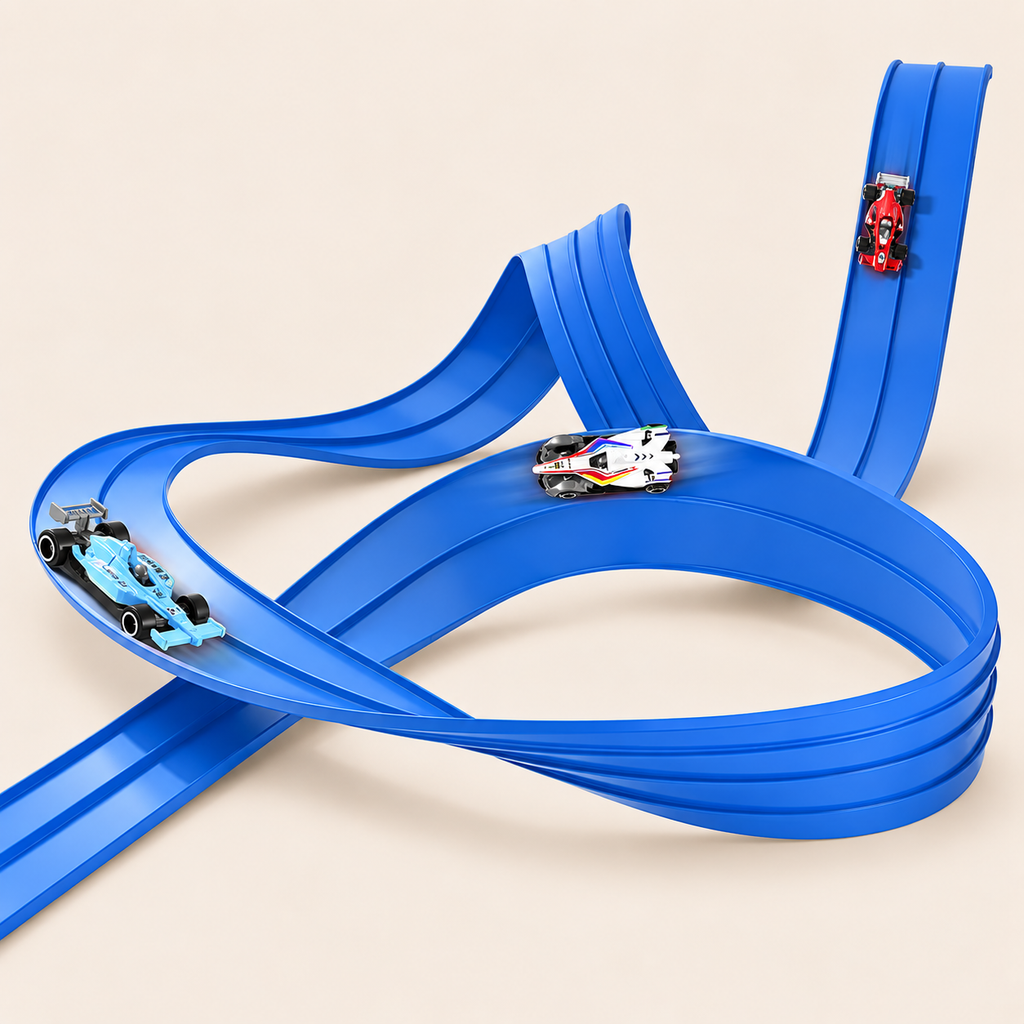 Flexible Double Race Track with 4 Cars - 5m - Blue