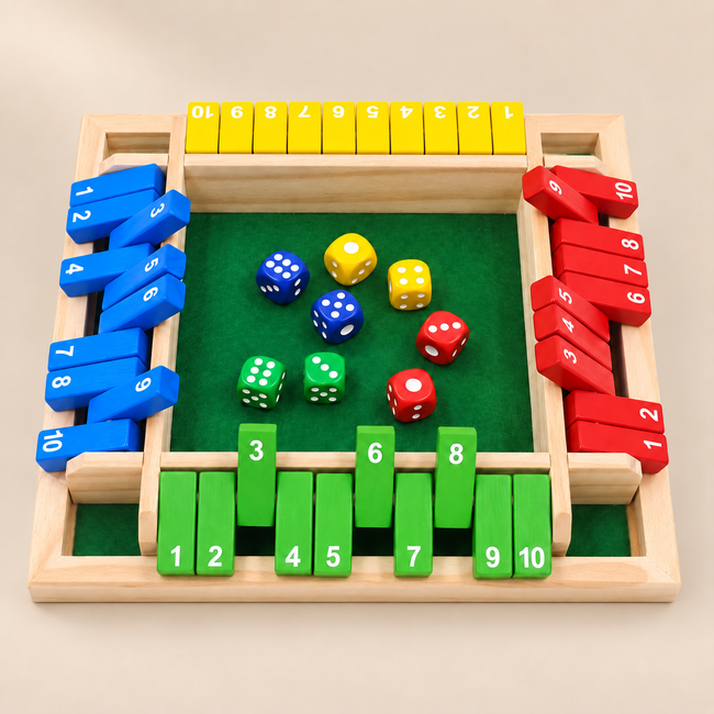 Four-Player Wooden Shut the Box Game — Pivoli Toys beige studio photograph v2
