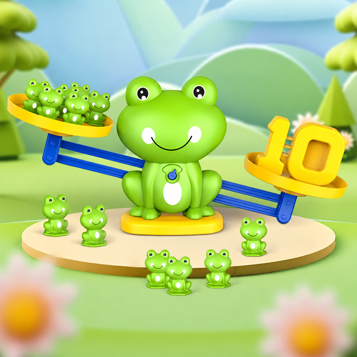 Frog balance maths game showing numbers and counting pieces