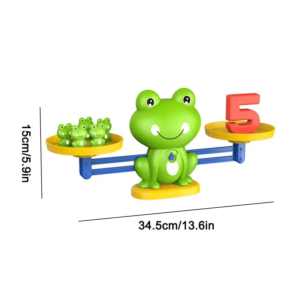 Frog balance maths game measuring 34.5 cm wide and 15 cm high